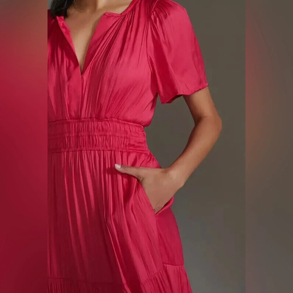 NWT Anthropologie Somerset Maxi Bright Pink Satiny Dress Sz M Pockets Flattering - Picture 4 of 14